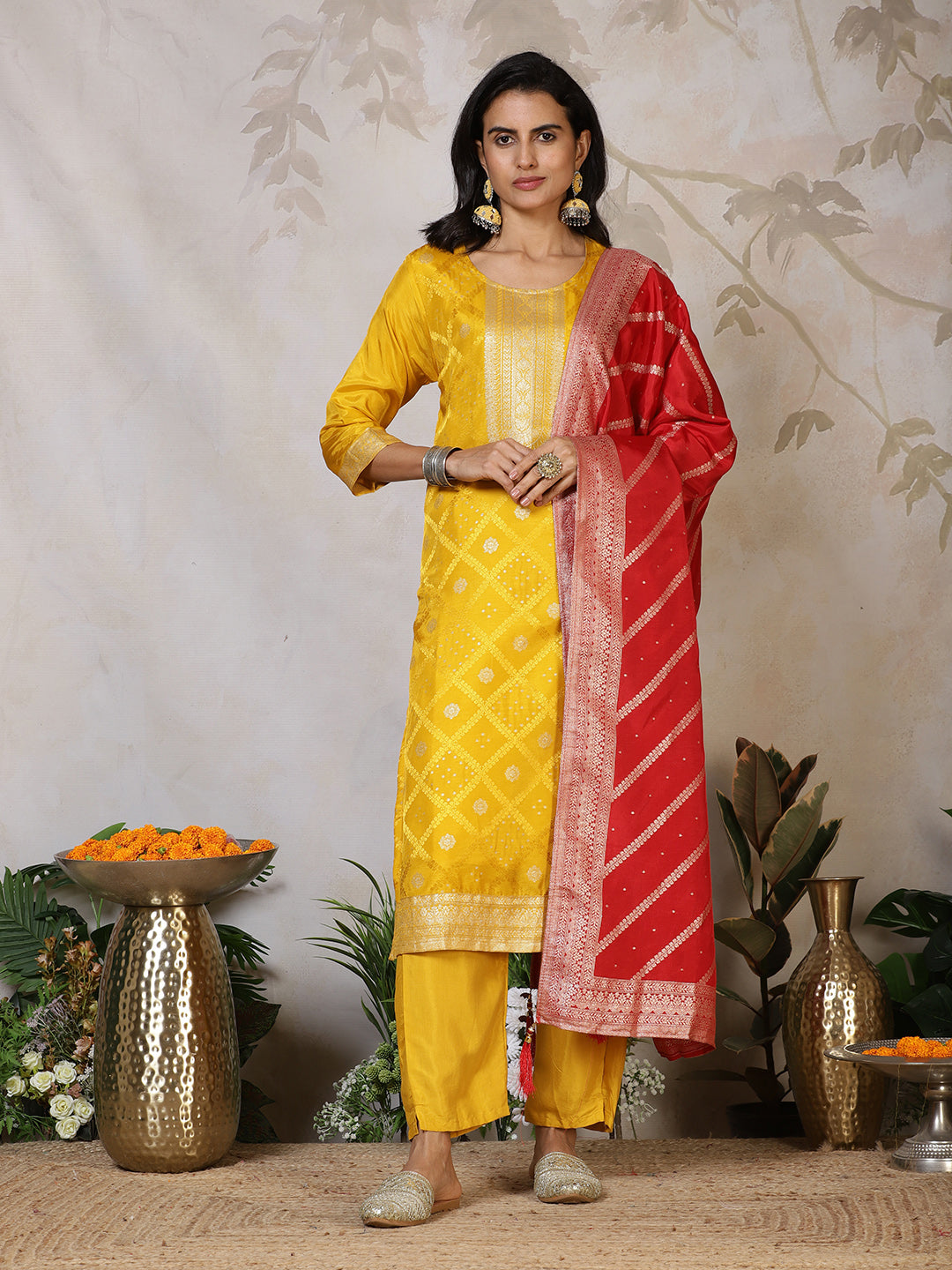 Banarasi Weave Tissue Kurta With Pants & Dupatta