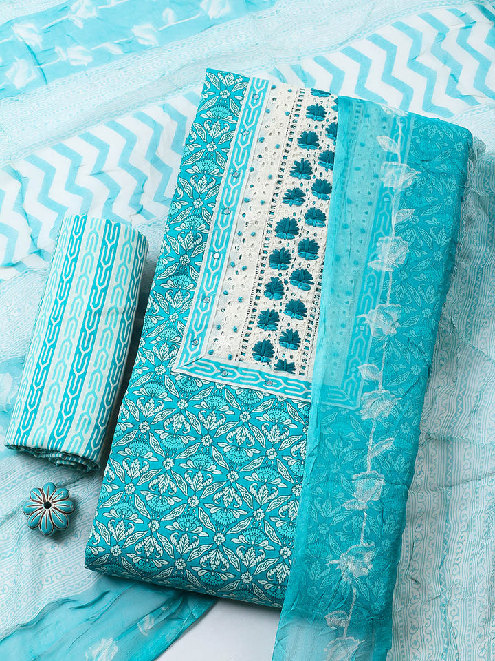 Embroidered Cotton Blend Unstitched Suit With Pant &amp; Dupatta
