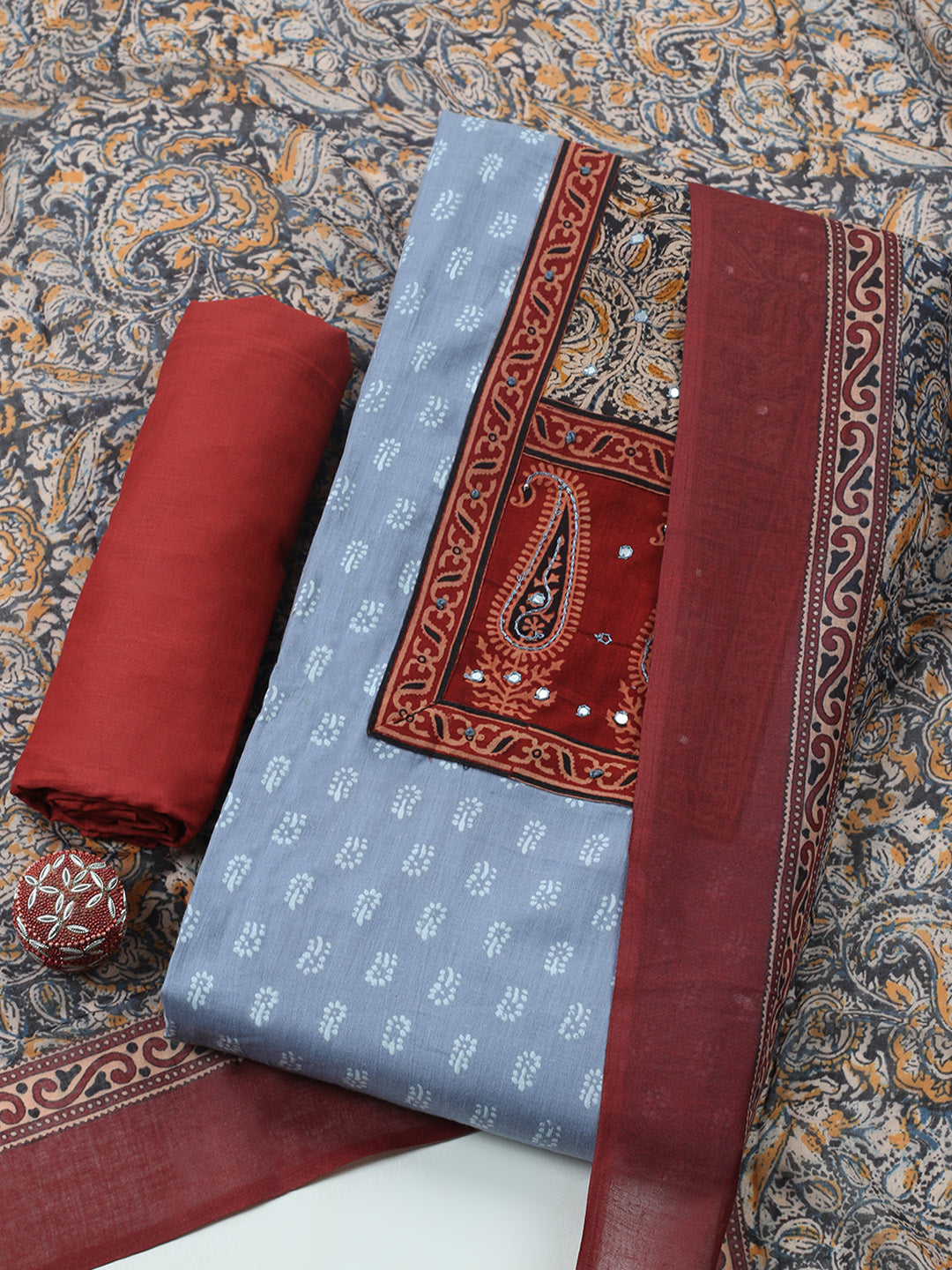 Printed Cotton Blend Unstitched Suit With Pant &amp; Dupatta