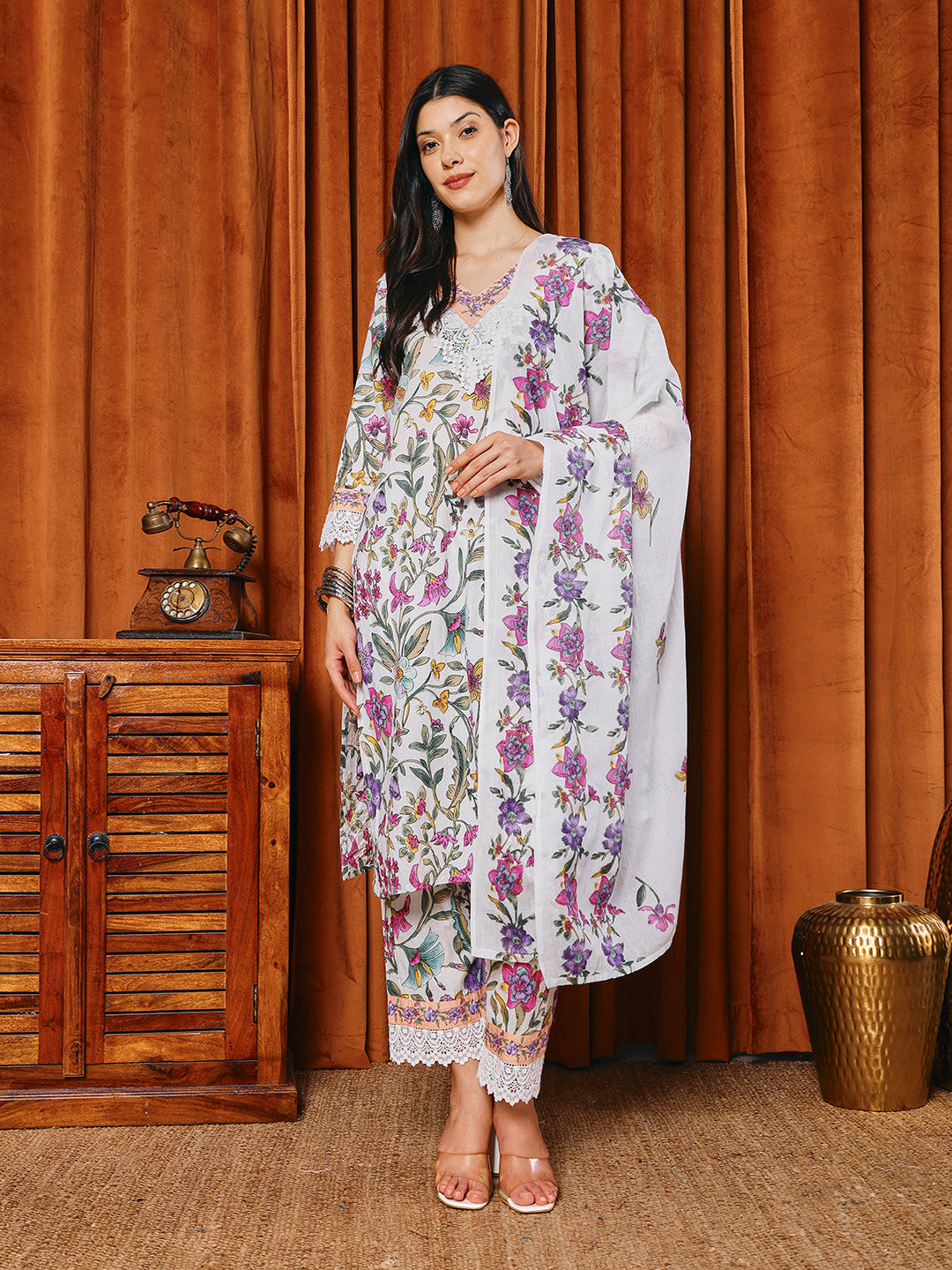 Floral Parinted Cotton Blend Kurta With Pants & Dupatta