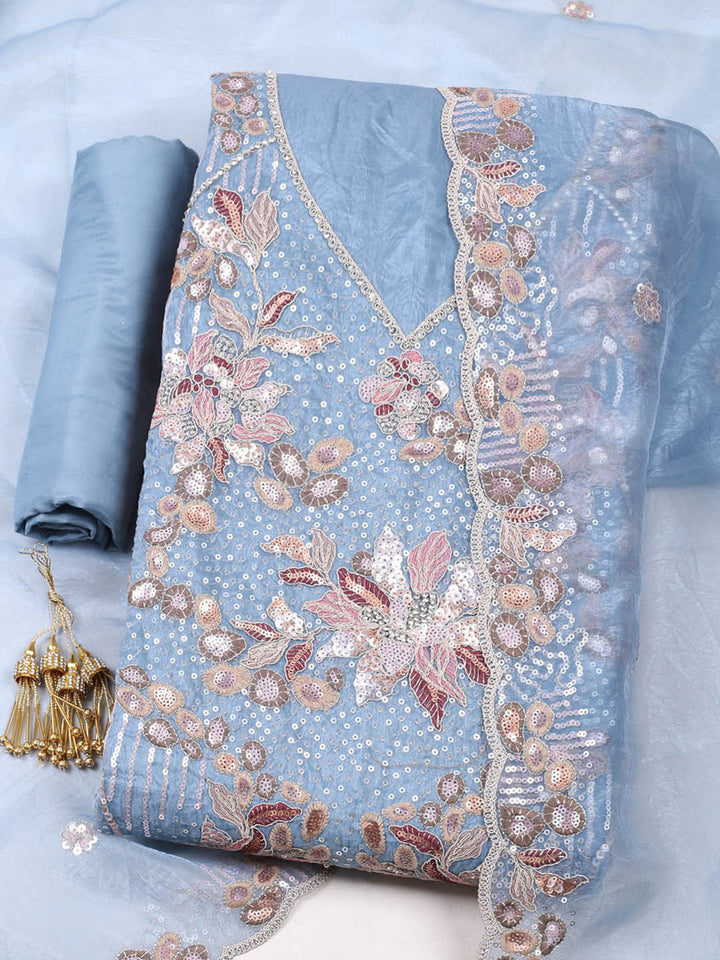 Embroidered Organza Unstitched Suit With Pant &amp; Dupatta