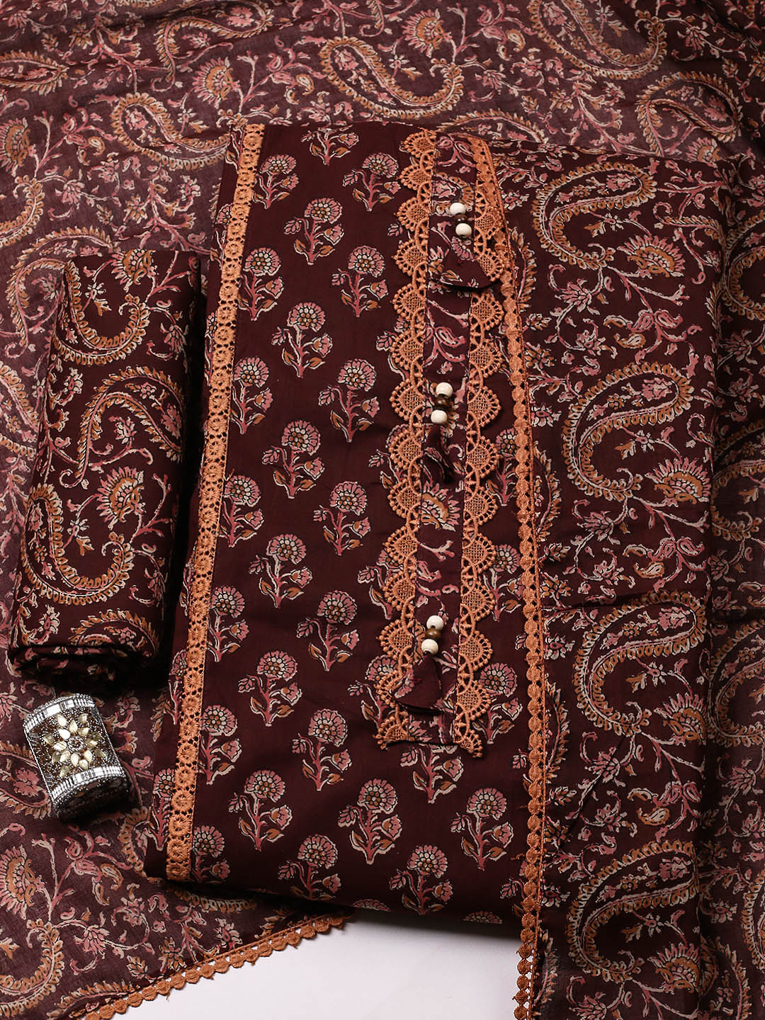 Embroidered Cotton Blend Unstitched Suit With Pant &amp; Dupatta