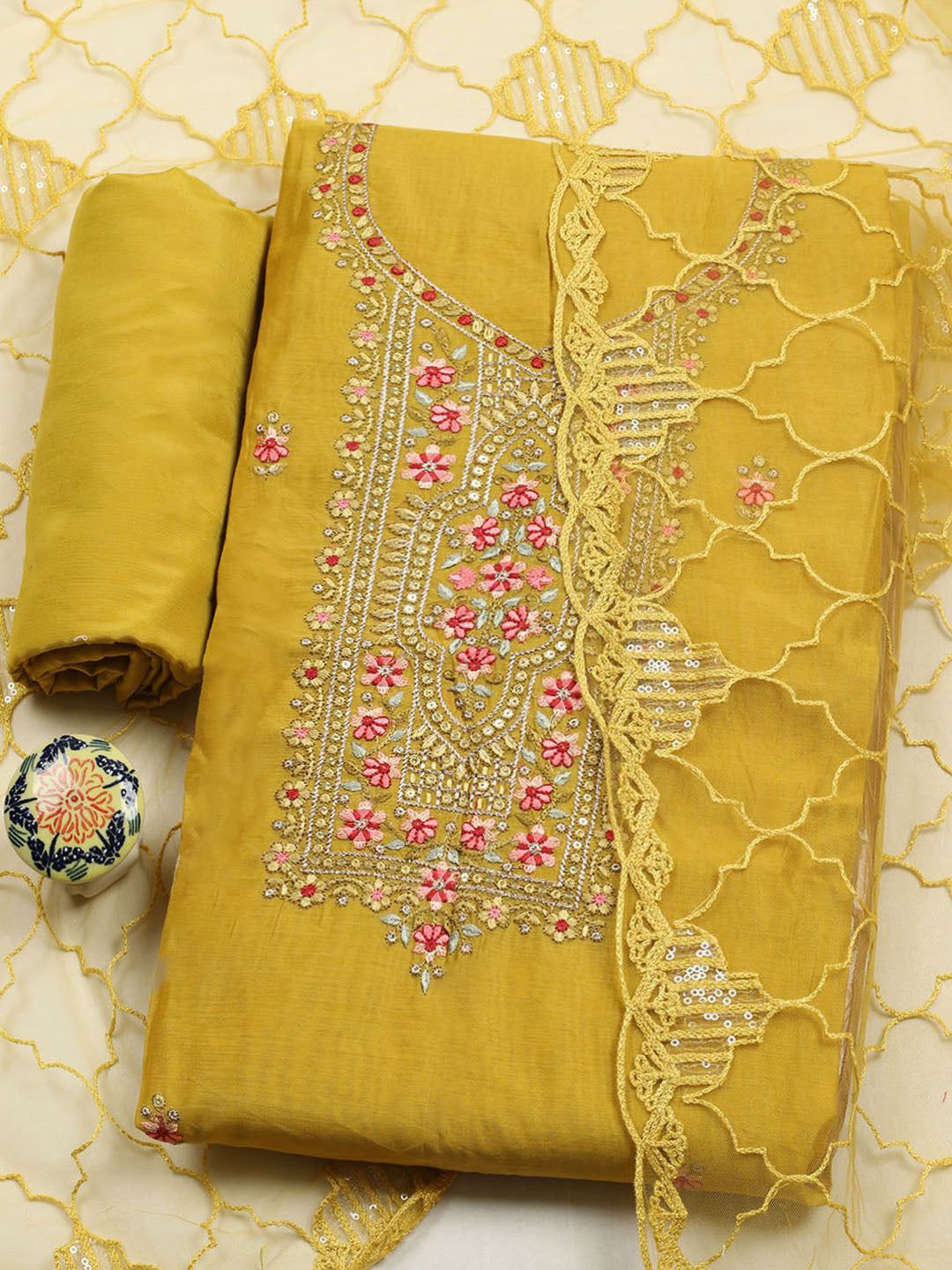 Embroidered Chanderi Unstitched Suit With Pant &amp; Dupatta