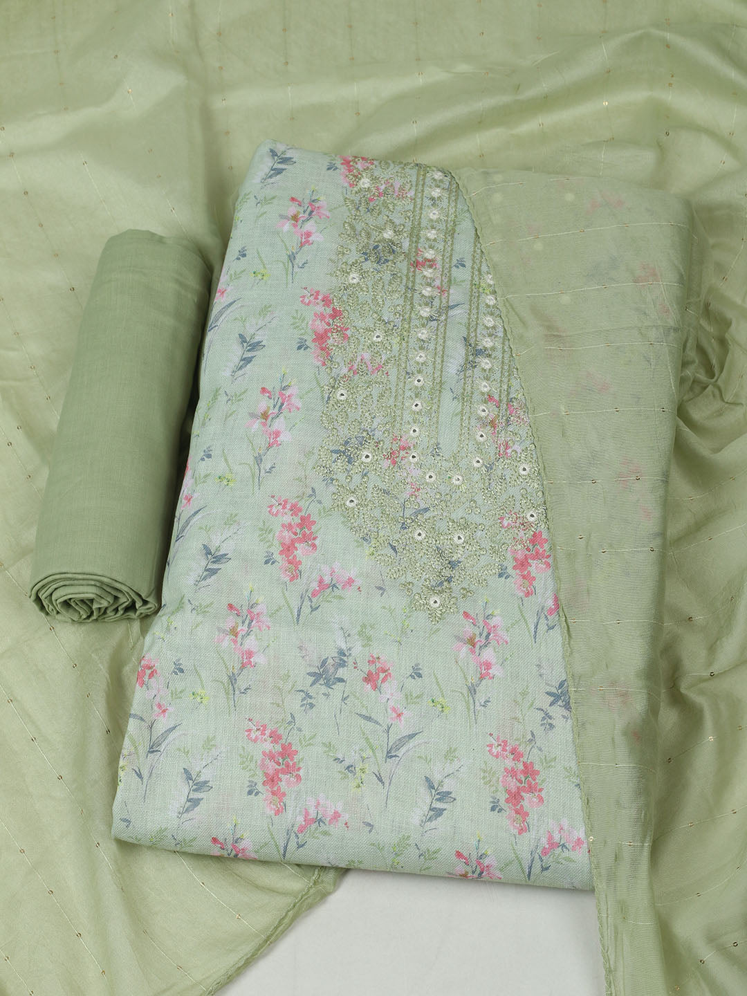 Embroidered Cotton Unstitched Suit With Pant &amp; Dupatta