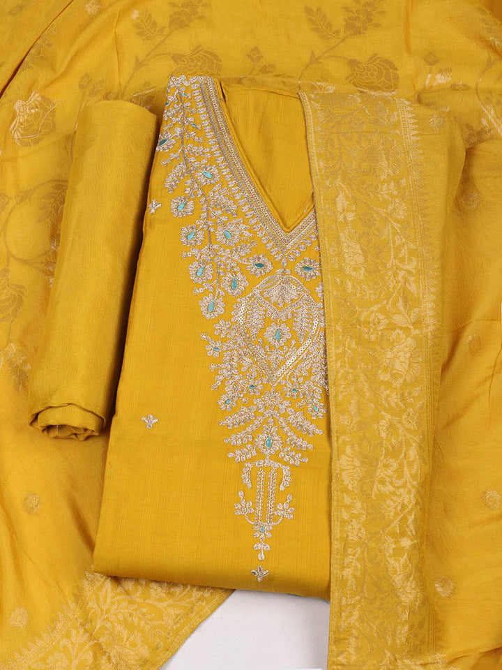 Embroidered Chanderi Unstitched Suit With Pant &amp; Dupatta