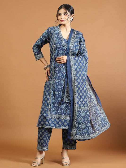 Printed Cotton Blend Kurta With Pants & Dupatta