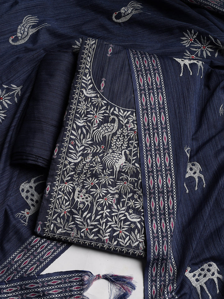 Neck Embroidered Cotton Blend Unstitched Suit With Dupatta