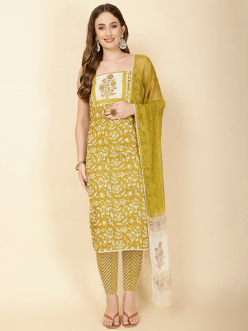 Printed Cotton Unstitched Suit Piece With Dupatta