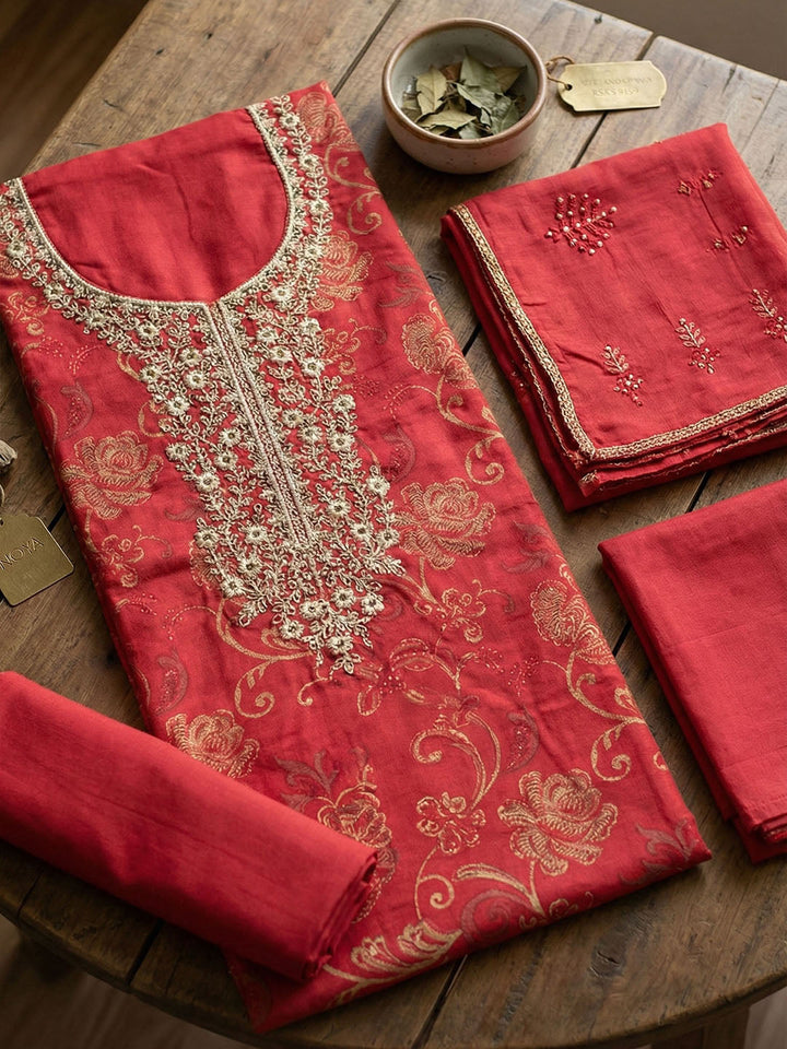 Embroidered Cotton Blend Unstitched Suit With Pant &amp; Dupatta