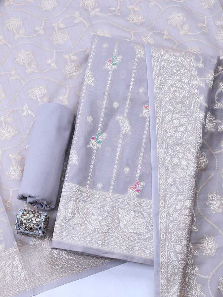 Woven Design Chanderi Unstitched Suit With Pant &amp; Dupatta