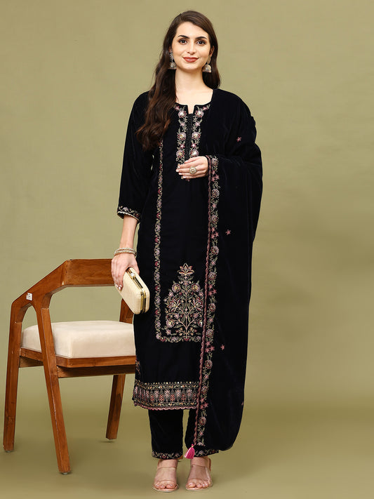 Neck Zari Embroidered Velvet Kurta With Pants & Dupatta