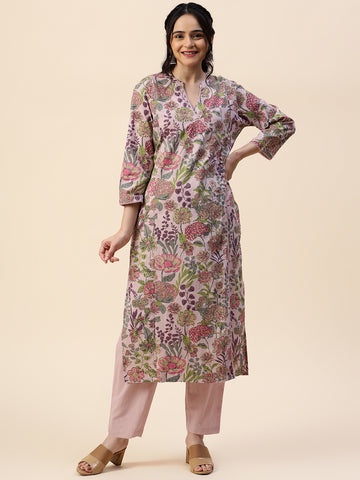 Floral Printed V-Neck Straight Cotton Kurta With Pants