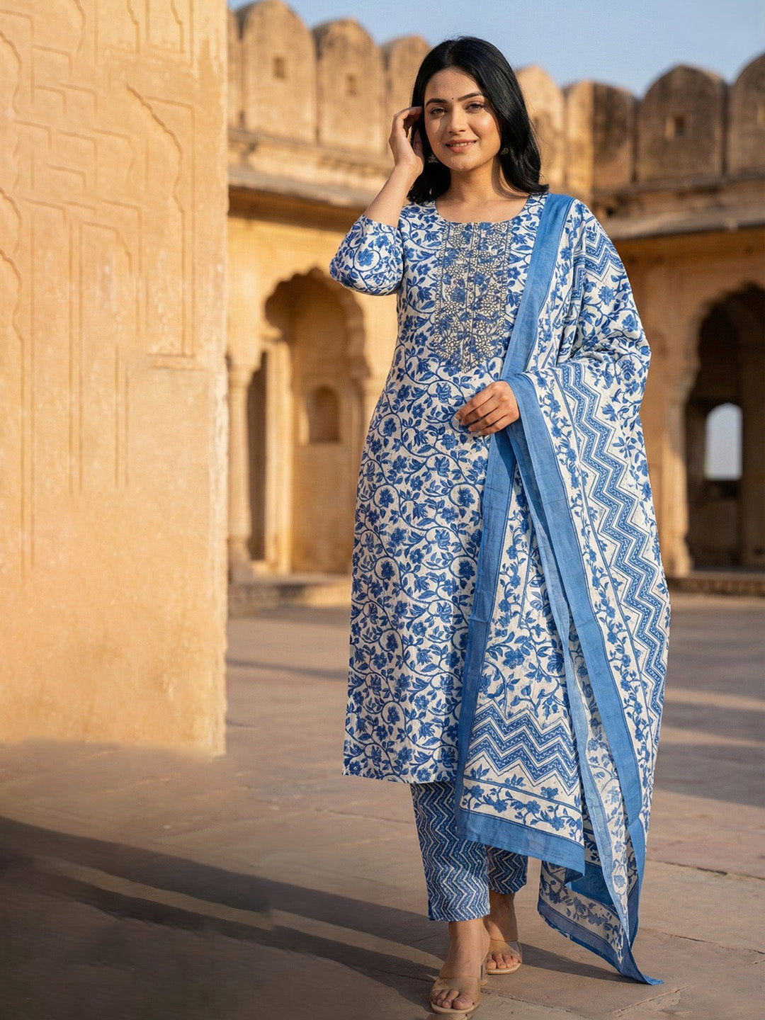 Blue Printed Cotton Blend Straight Suit Set With Dupatta