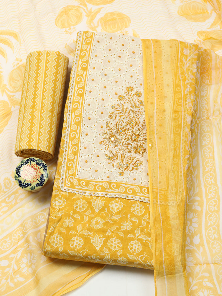 Embroidered Cotton Blend Unstitched Suit With Pant &amp; Dupatta