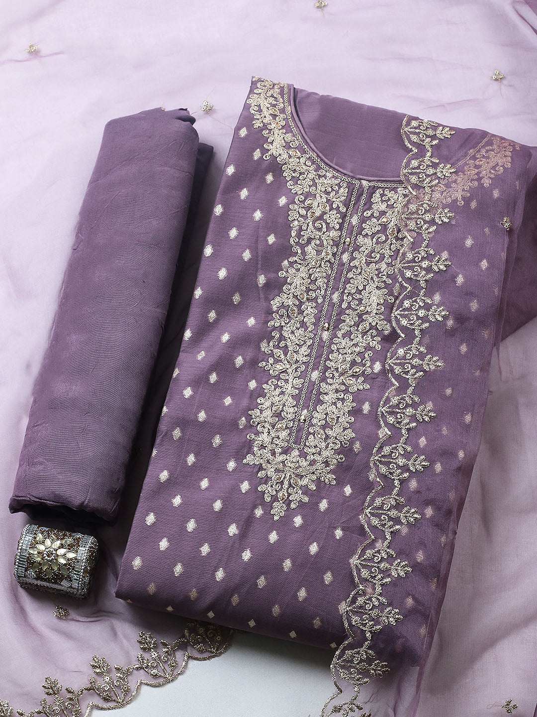 Embroidered Chanderi Unstitched Suit With Pant &amp; Dupatta