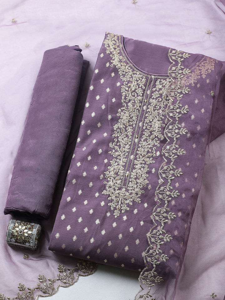 Embroidered Chanderi Unstitched Suit With Pant &amp; Dupatta