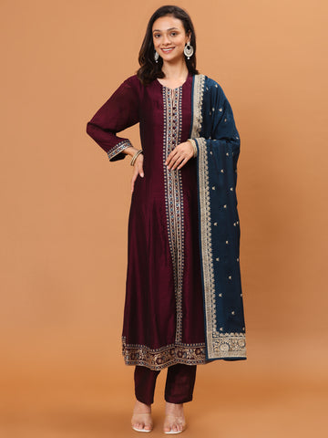 Zari Embroidery Handloom Kurta With Pants & Dupatta