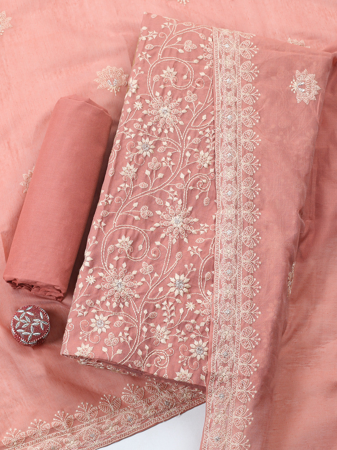Embroidered Chanderi Unstitched Suit With Pant &amp; Dupatta