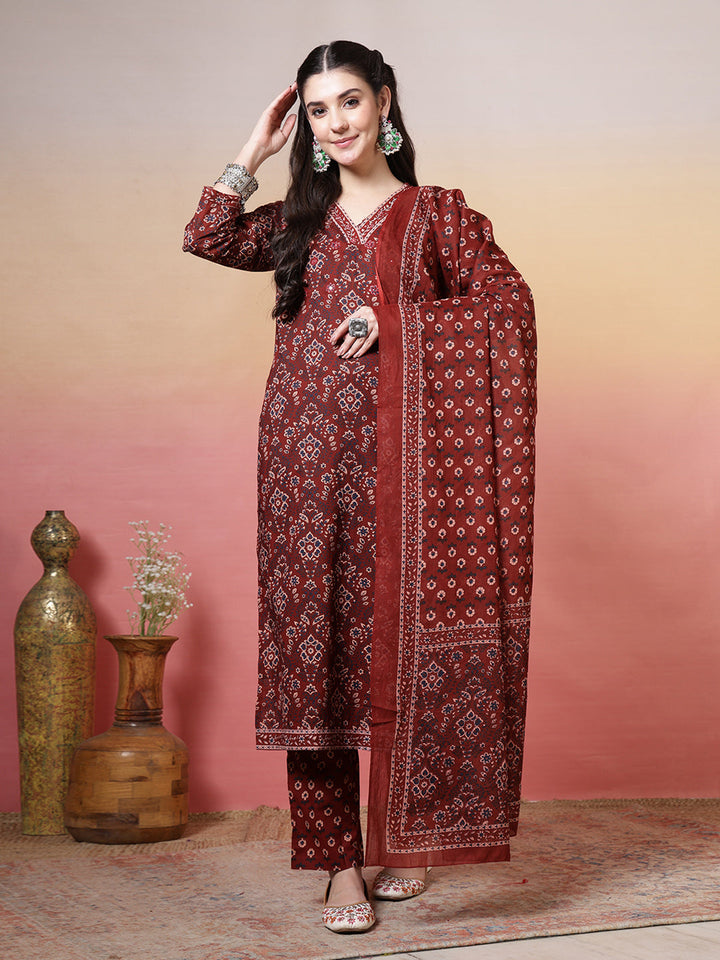 Embroidered Cotton Kurta With Pant &amp; Dupatta