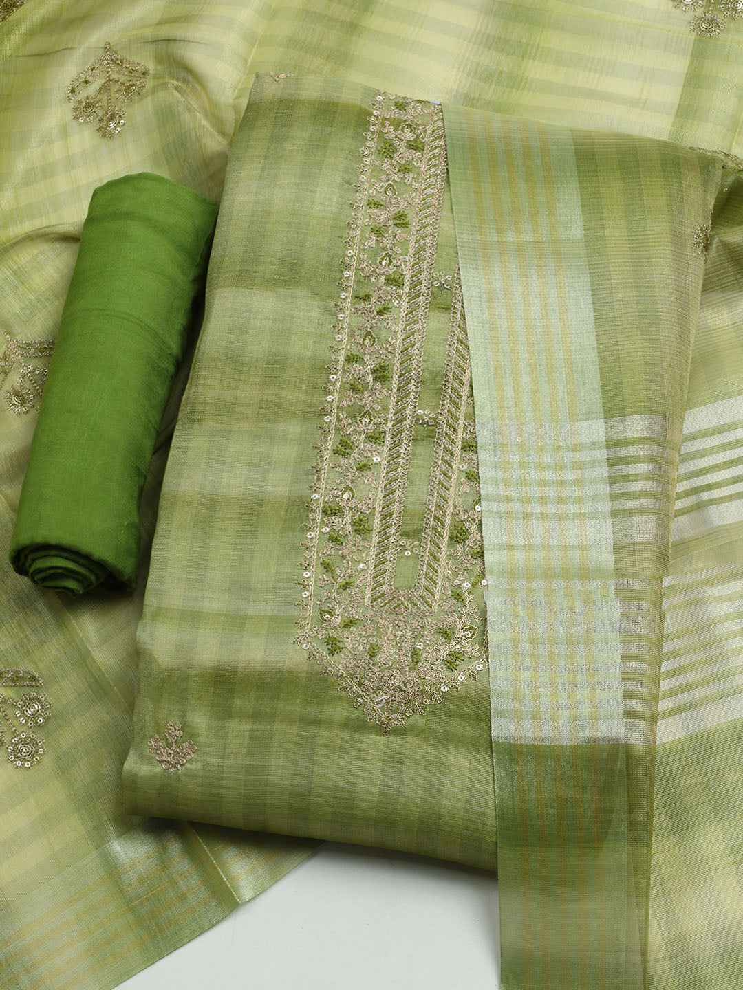 Embroidered Tissue Unstitched Kurta With Pant & Dupatta