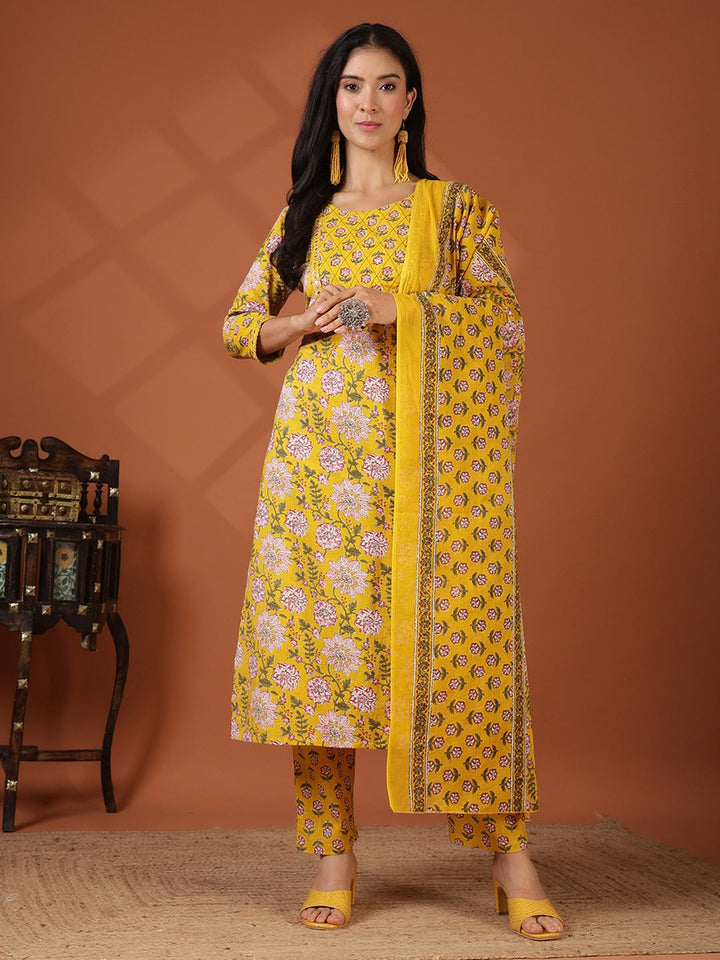 Printed Cotton Blend Kurta With Pant &amp; Dupatta