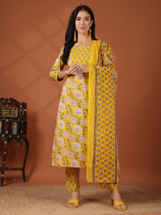 Printed Cotton Blend Kurta With Pant & Dupatta