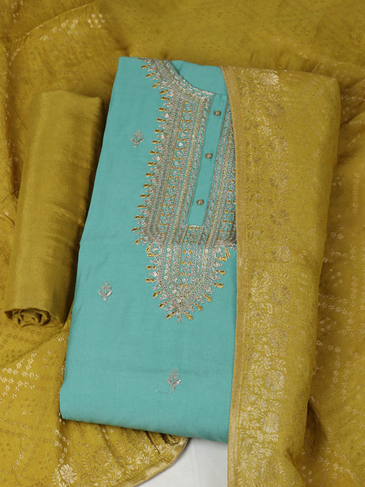 Embroidered Chanderi Unstitched Suit With Pant &amp; Dupatta