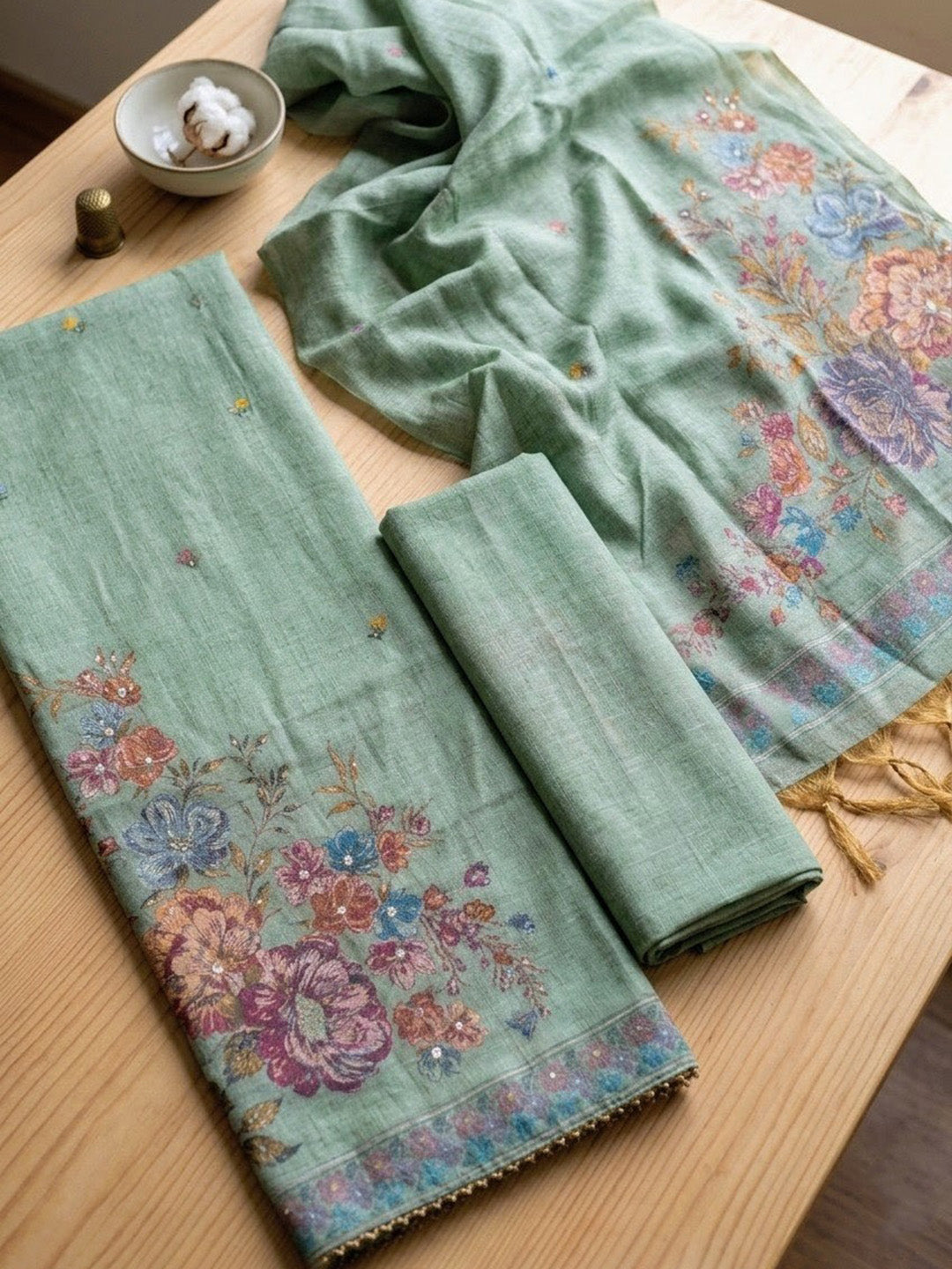Embroidered Chanderi Unstitched Suit With Pant &amp; Dupatta