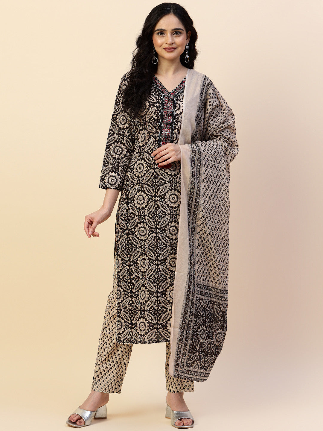 Printed Cotton Kurta With Pants & Dupatta
