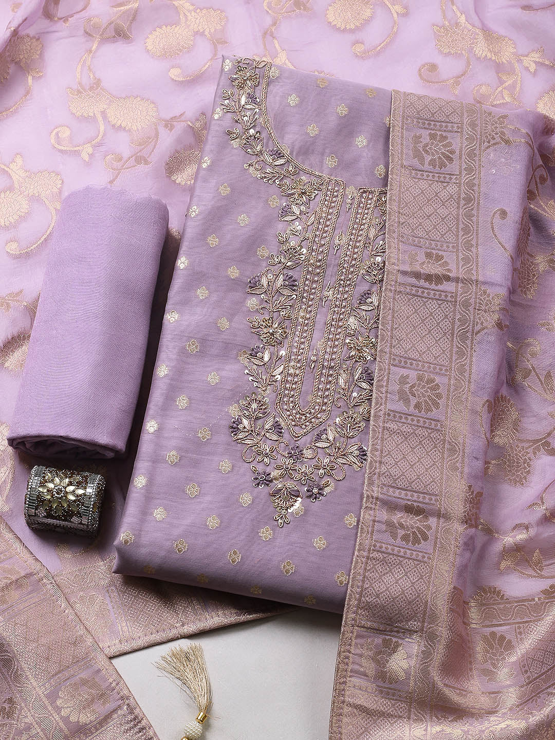 Embroidered Chanderi Unstitched Suit With Pant &amp; Dupatta