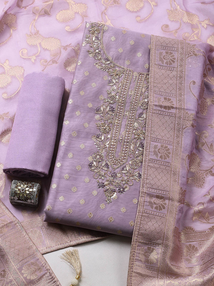 Embroidered Chanderi Unstitched Suit With Pant &amp; Dupatta