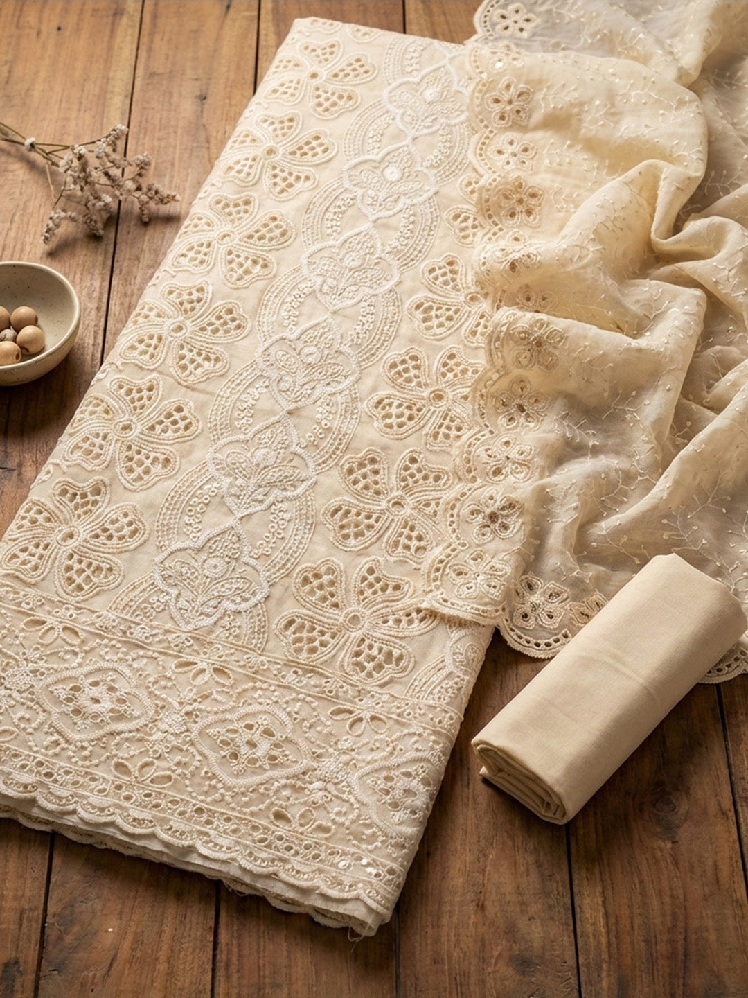 Embroidered Cotton Blend Unstitched Suit With Pant &amp; Dupatta