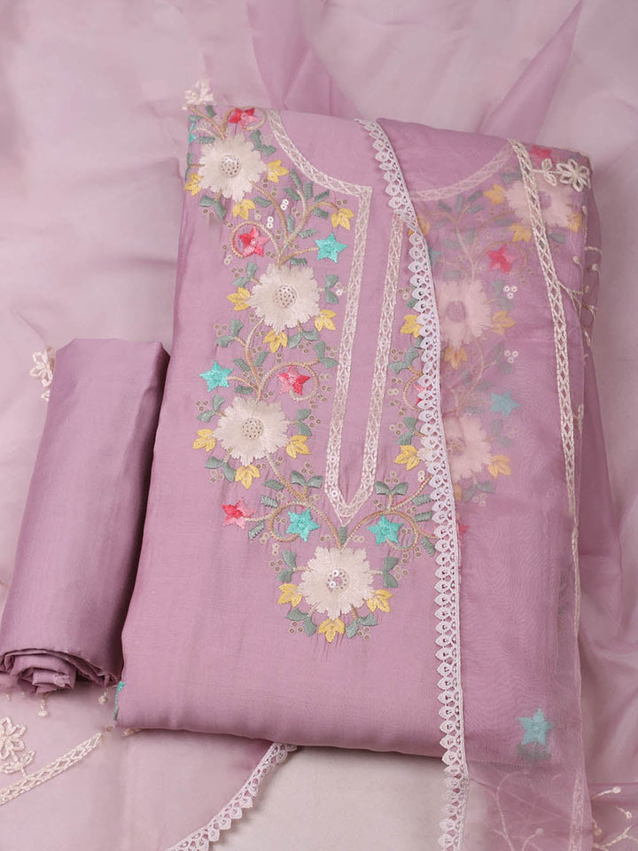 Embroidered Chanderi Unstitched Suit With Pant &amp; Dupatta