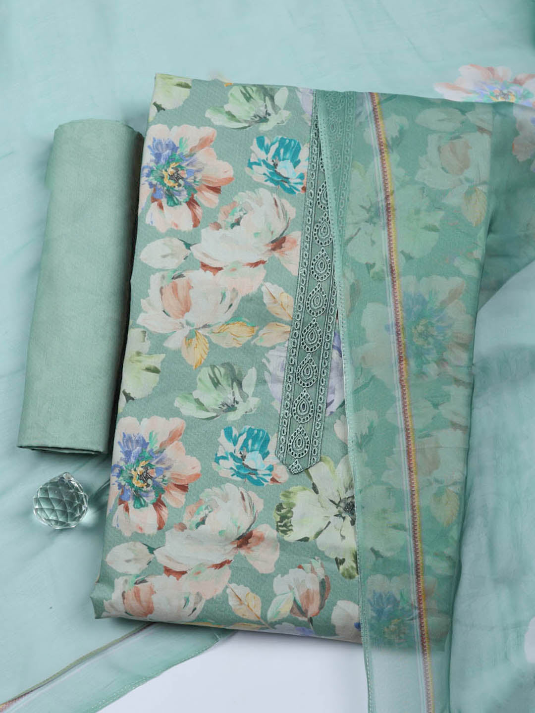 Embroidered Cotton Blend Unstitched Suit With Pant &amp; Dupatta