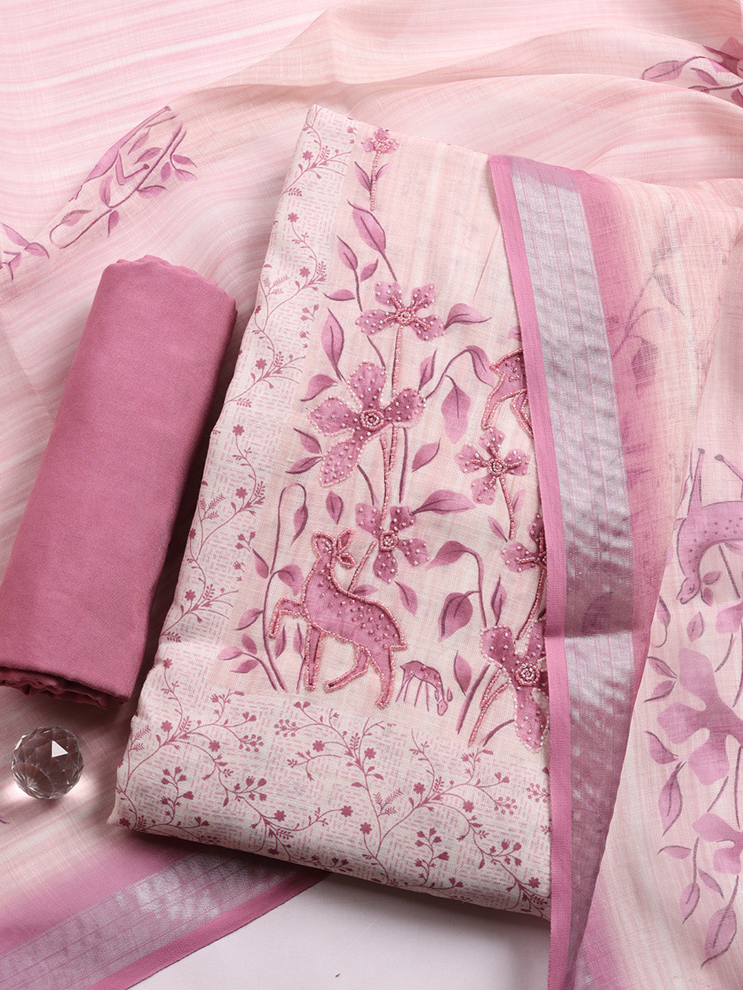 Printed Linen Blend Unstitched Suit With Pant &amp; Dupatta