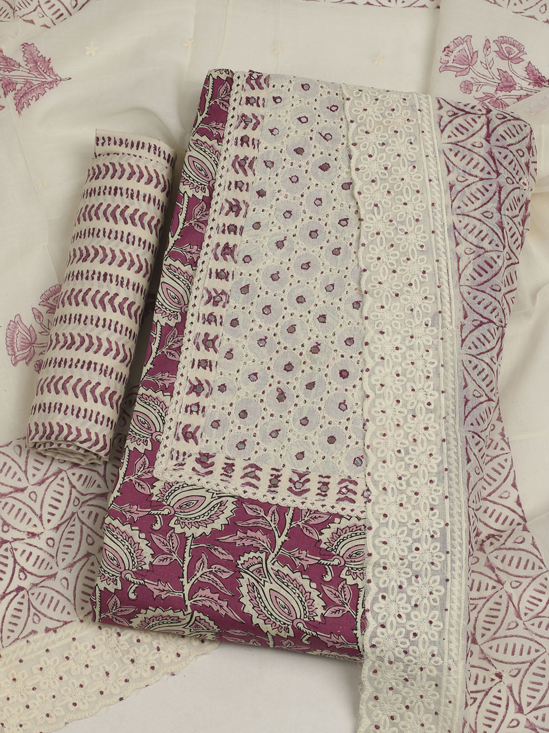 Printed Cotton Unstitched Suits Printed Suit With Pant &amp; Dupatta