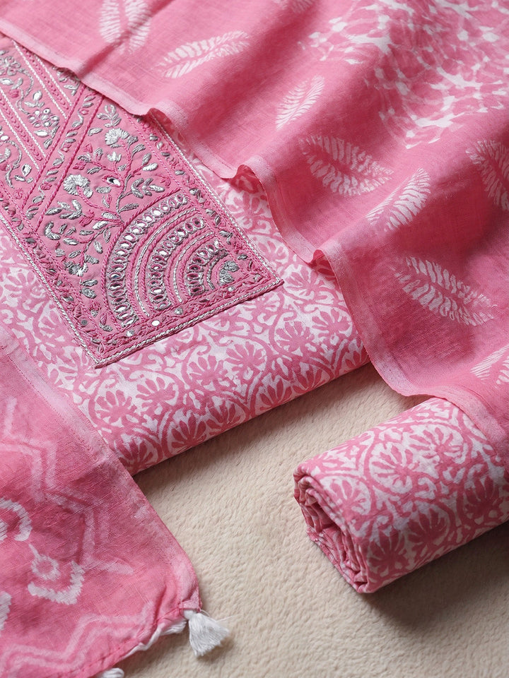 Printed Cotton Blend Unstitched Suit With Pant &amp; Dupatta