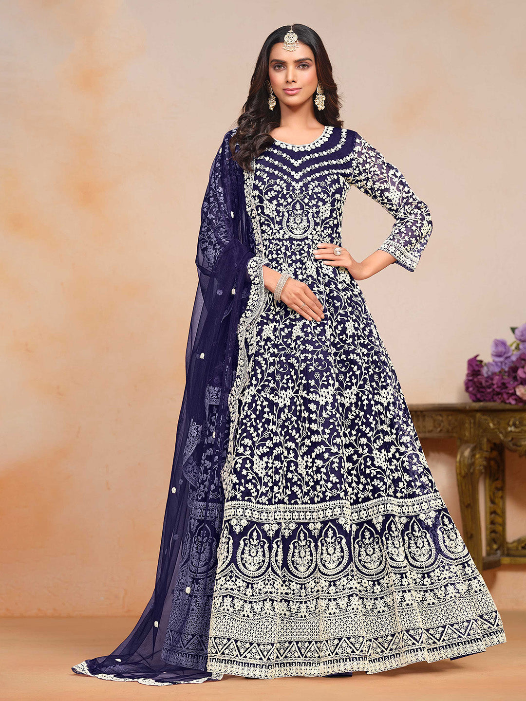 Embroidered Net Semi Stitched Kurta With Salwar &amp; Dupatta