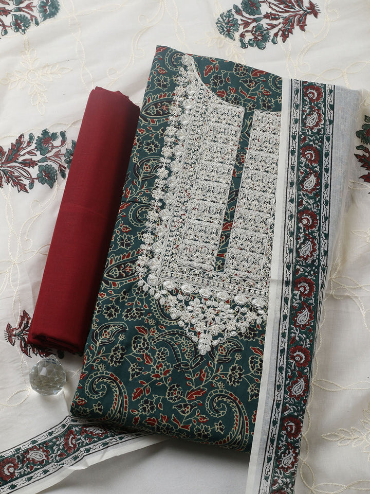 Printed Cotton Blend Unstitched Suit With Pant &amp; Dupatta