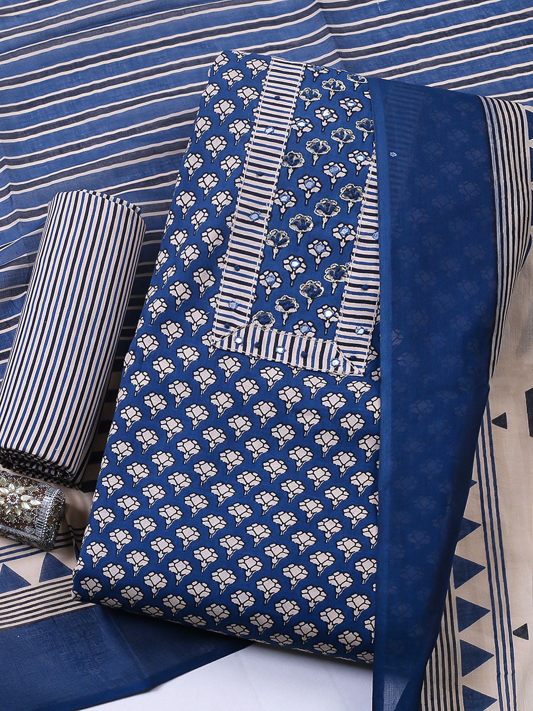 Embroidered Cotton Blend Unstitched Suit With Pant &amp; Dupatta