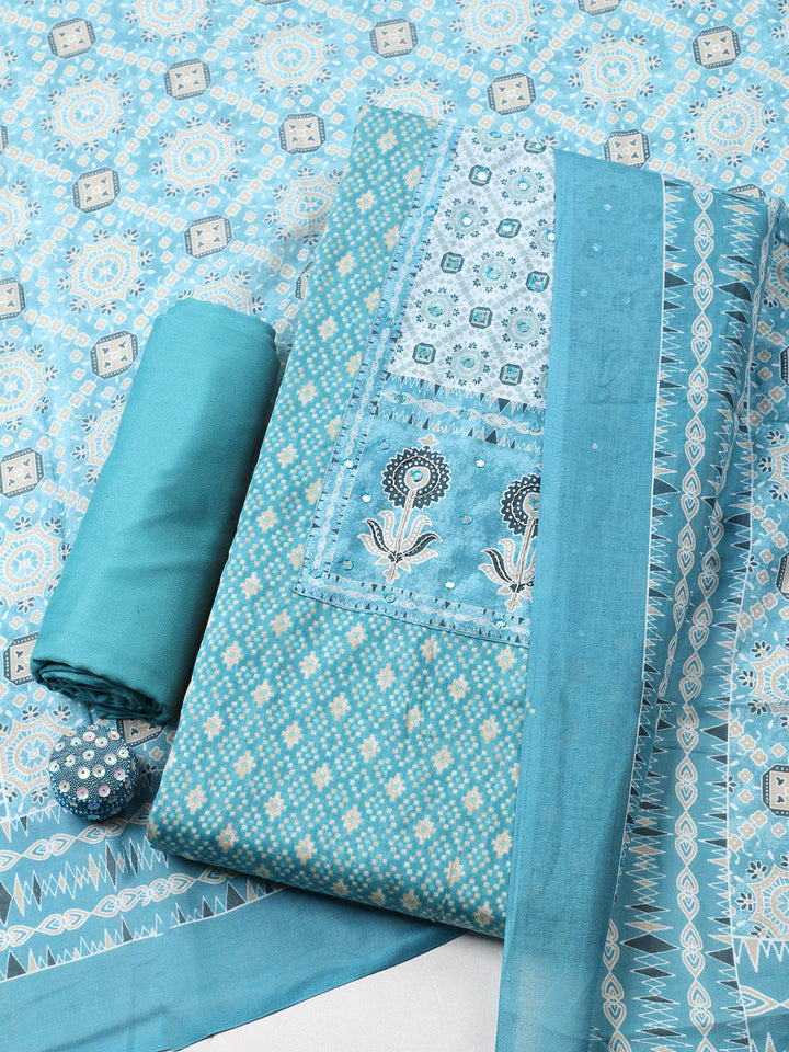 Printed Cotton Blend Unstitched Suit With Pant &amp; Dupatta