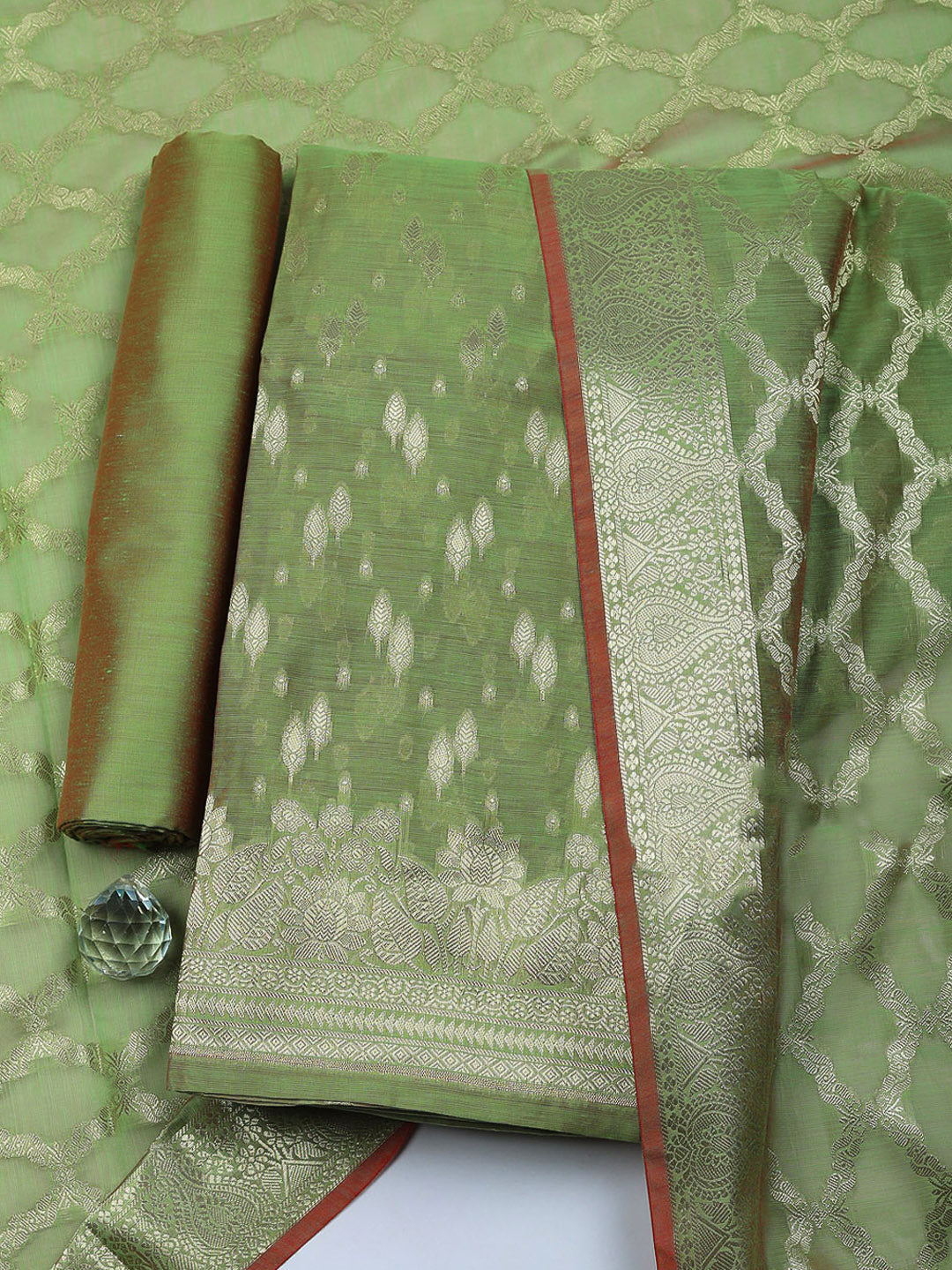 Woven Design Art Silk Unstitched Suit With Pant &amp; Dupatta