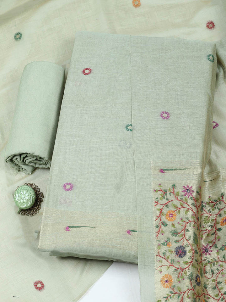 Embroidered Chanderi Unstitched Suit With Pant &amp; Dupatta