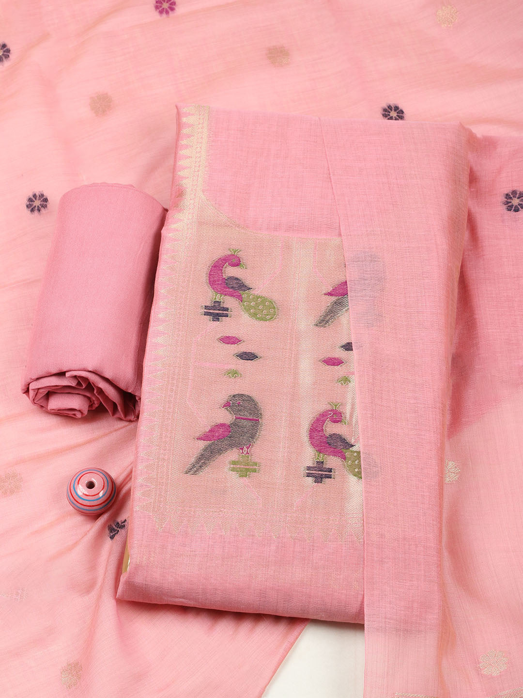 Embroidered Chanderi Unstitched Suit With Pant &amp; Dupatta