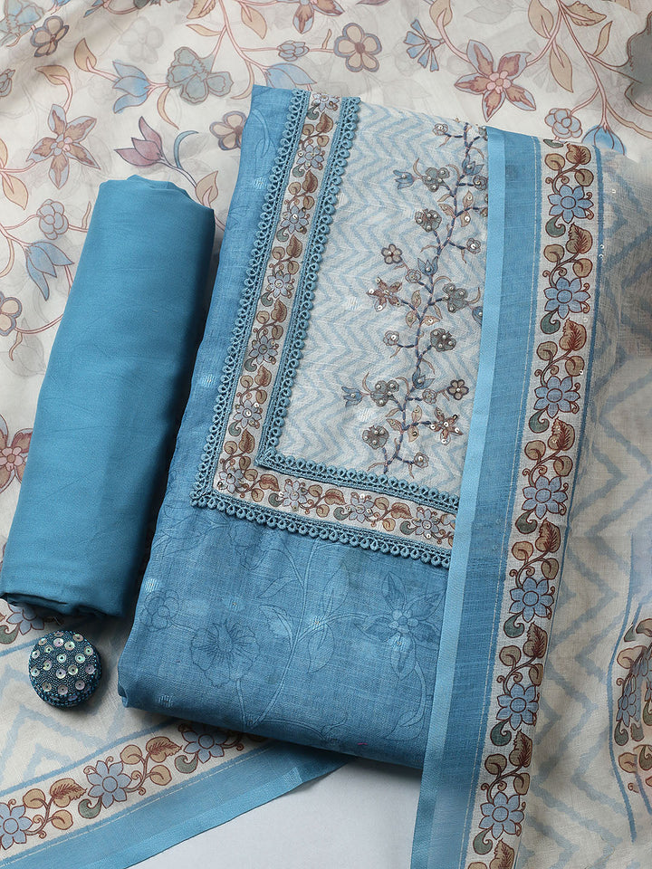 Printed Cotton Blend Unstitched Suit With Pant &amp; Dupatta