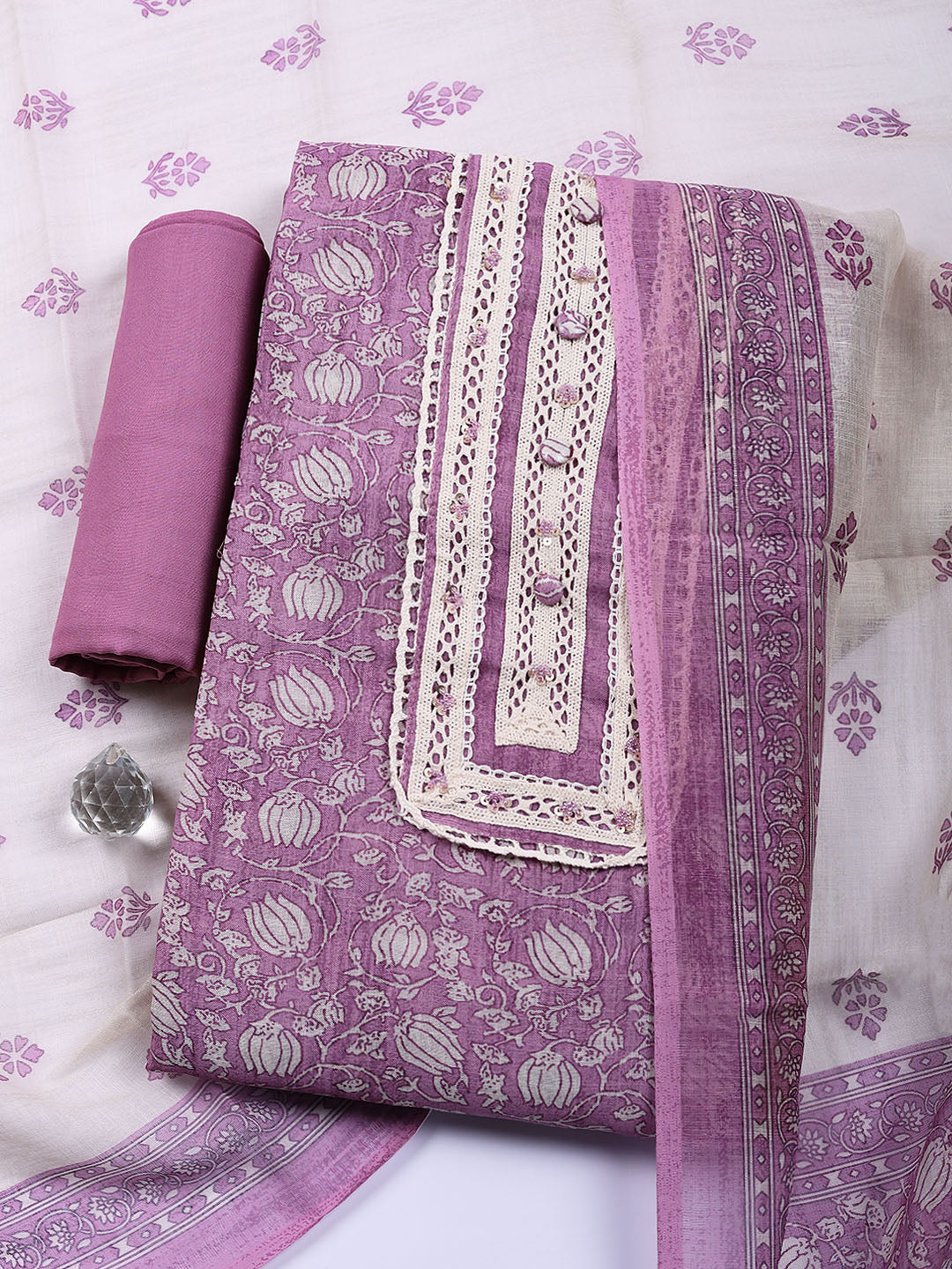Embroidered Linen Blend Unstitched Suit With Pant &amp; Dupatta