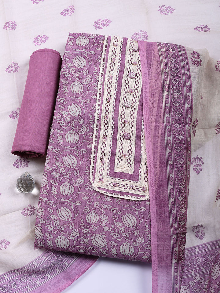Embroidered Linen Blend Unstitched Suit With Pant &amp; Dupatta