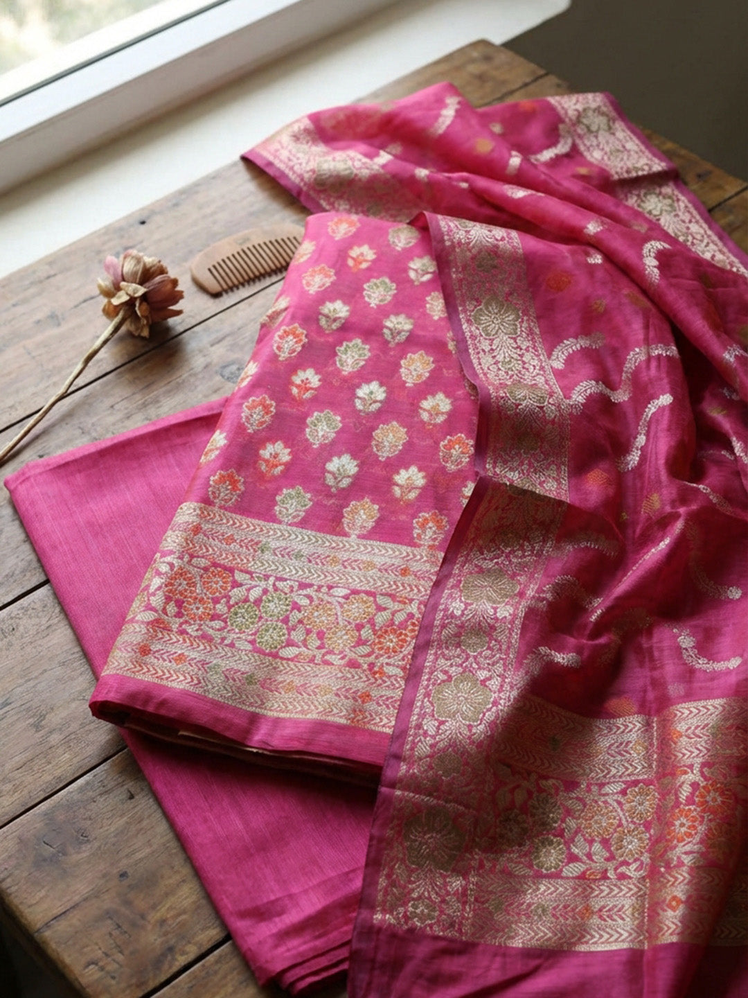 Banarasi Chanderi Unstitched Suit With Pant &amp; Dupatta