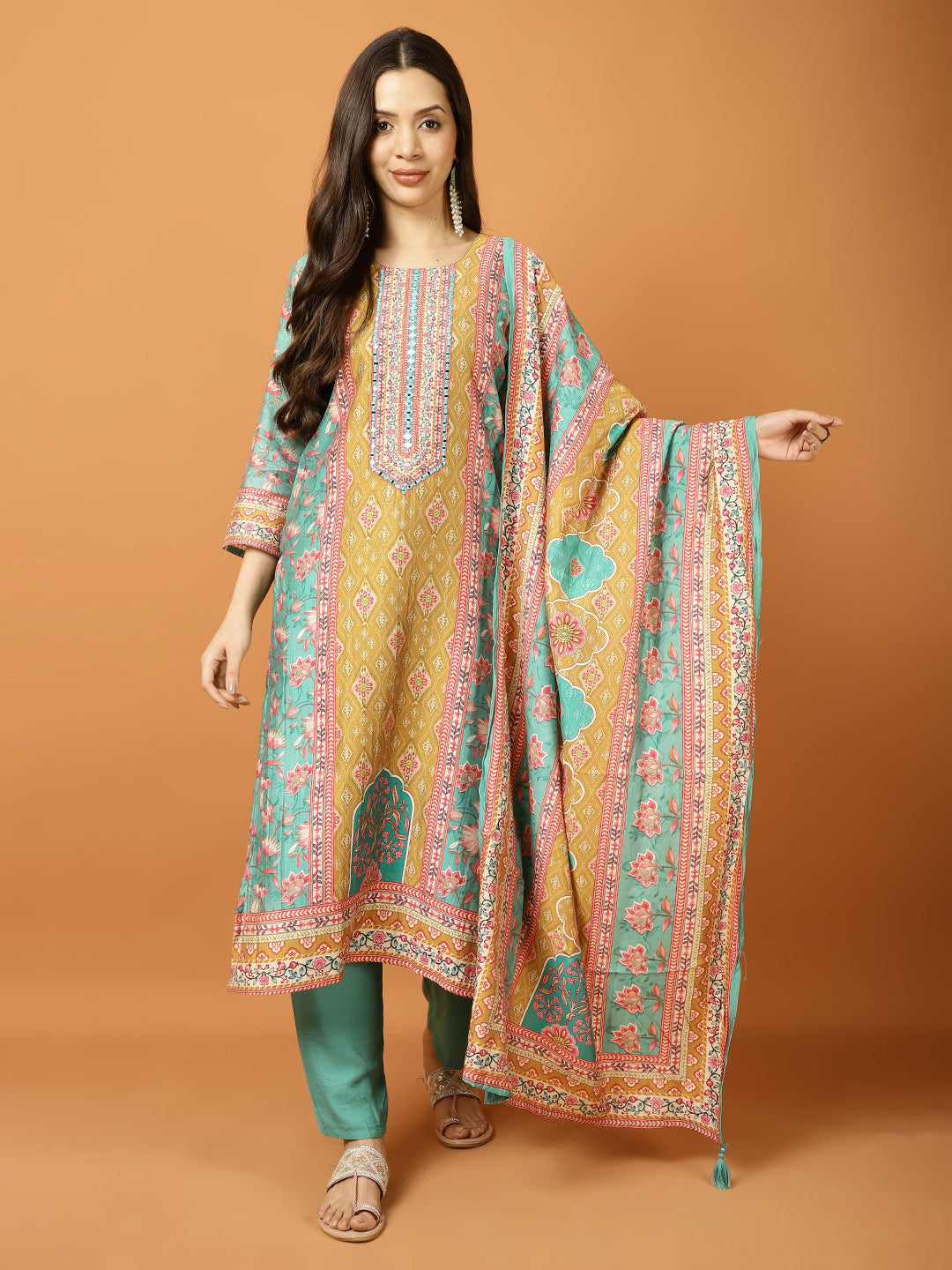 Neck Embroidery Muslin Kurta With Pants &amp; Dupatta