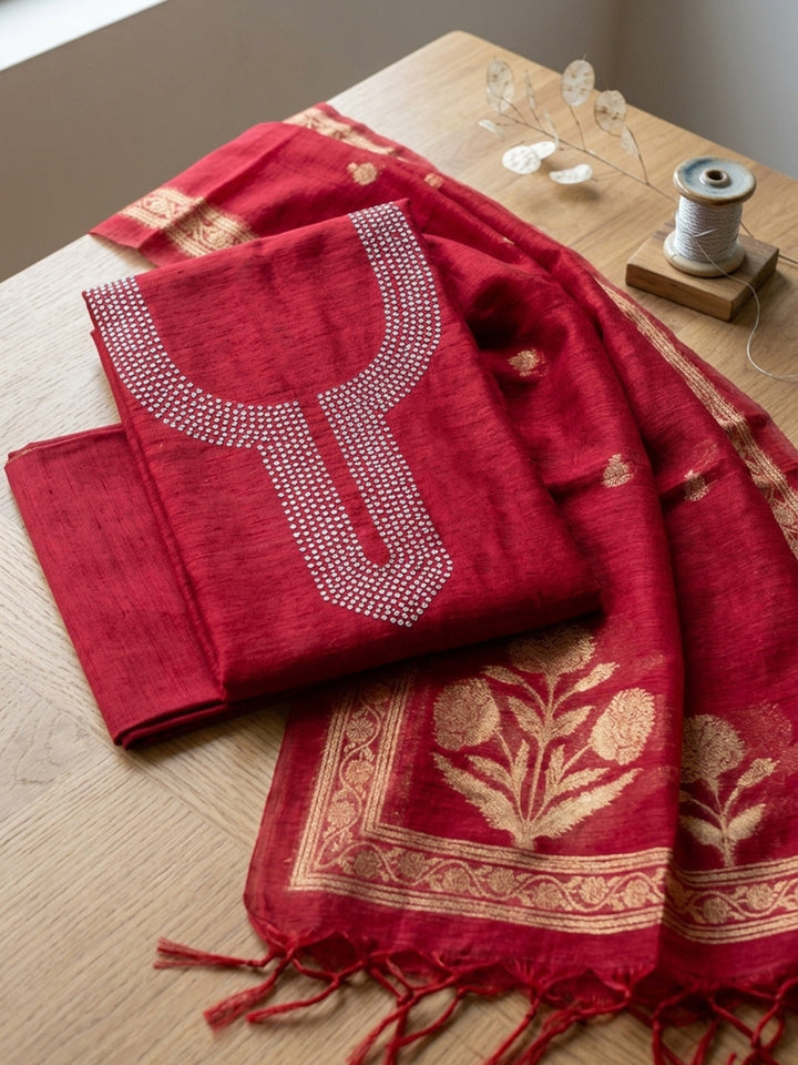 Embroidered Chanderi Unstitched Suit With Pant &amp; Dupatta